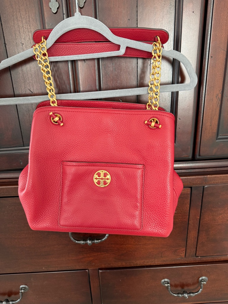 Tory Burch Red Pebbled Leather Shoulder Tote With Gold Chain Straps